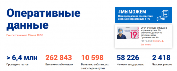 Число заболевших коронавирусом на 15 мая 2020 года в России