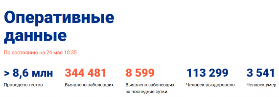 Число заболевших коронавирусом на 24 мая 2020 года в России