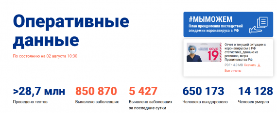 Число заболевших коронавирусом на 02 августа 2020 года в России