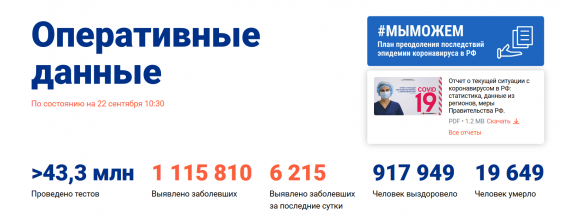 Число заболевших коронавирусом на 22 сентября 2020 года в России