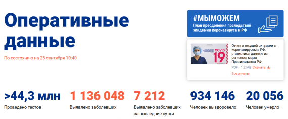 Число заболевших коронавирусом на 25 сентября 2020 года в России