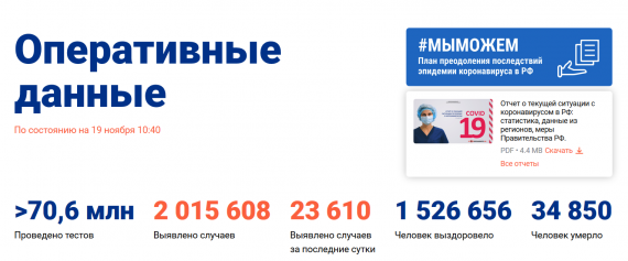 Число заболевших коронавирусом на 19 ноября 2020 года в России