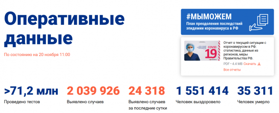 Число заболевших коронавирусом на 20 ноября 2020 года в России