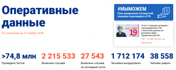Число заболевших коронавирусом на 27 ноября 2020 года в России