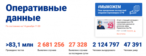 Число заболевших коронавирусом на 14 декабря 2020 года в России