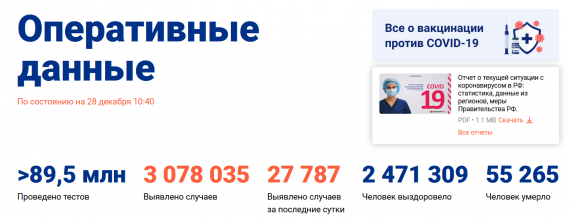 Число заболевших коронавирусом на 28 декабря 2020 года в России
