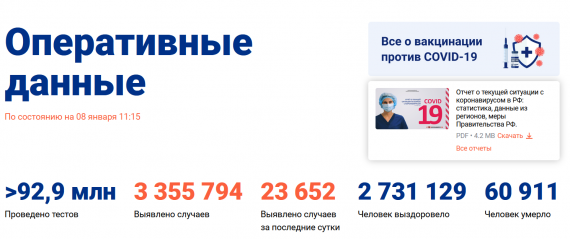Число заболевших коронавирусом на 08 января 2021 года в России