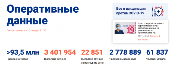 Число заболевших коронавирусом на 10 января 2021 года в России