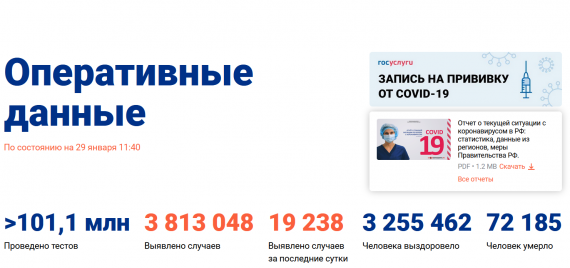 Число заболевших коронавирусом на 29 января 2021 года в России