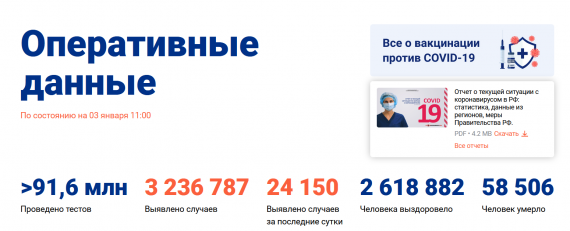 Число заболевших коронавирусом на 03 января 2021 года в России