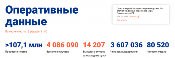 Число заболевших коронавирусом на 15 февраля 2021 года в России