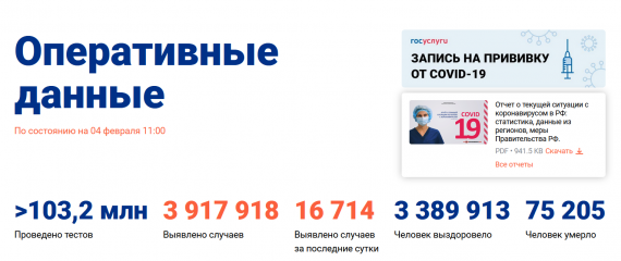 Число заболевших коронавирусом на 04 февраля 2021 года в России
