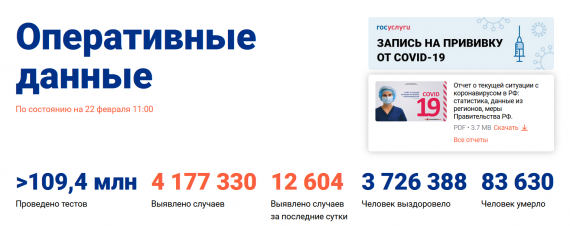 Число заболевших коронавирусом на 22 февраля 2021 года в России