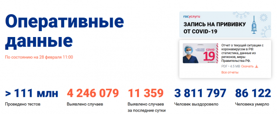 Число заболевших коронавирусом на 28 февраля 2021 года в России