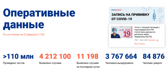 Число заболевших коронавирусом на 25 февраля 2021 года в России
