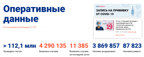 Число заболевших коронавирусом на 04 марта 2021 года в России
