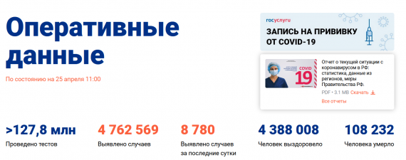 Число заболевших коронавирусом на 25 апреля 2021 года в России