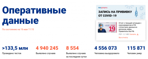Число заболевших коронавирусом на 16 мая 2021 года в России