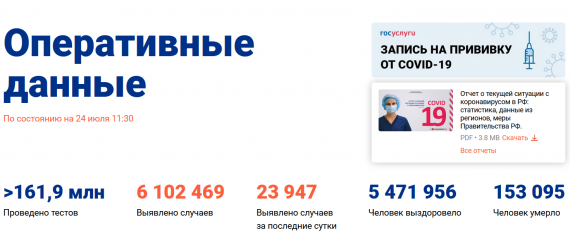Число заболевших коронавирусом на 24 июля 2021 года в России