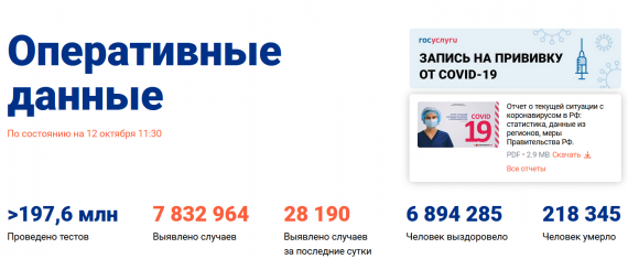Число заболевших коронавирусом на 12 октября 2021 года в России