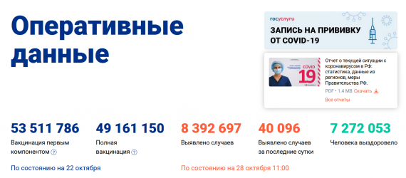 Число заболевших коронавирусом на 28 октября 2021 года в России