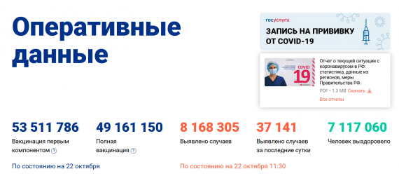 Число заболевших коронавирусом на 22 октября 2021 года в России