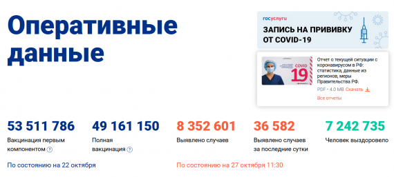 Число заболевших коронавирусом на 27 октября 2021 года в России