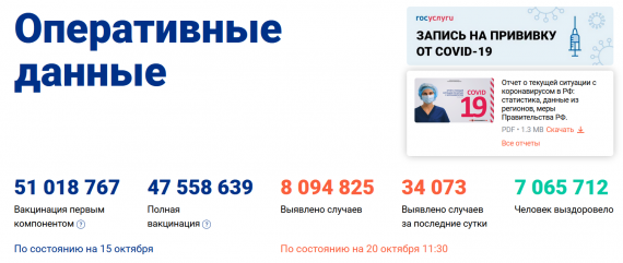 Число заболевших коронавирусом на 20 октября 2021 года в России