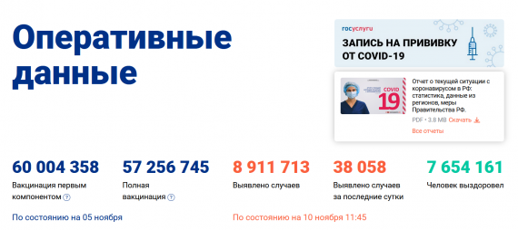 Число заболевших коронавирусом на 10 ноября 2021 года в России