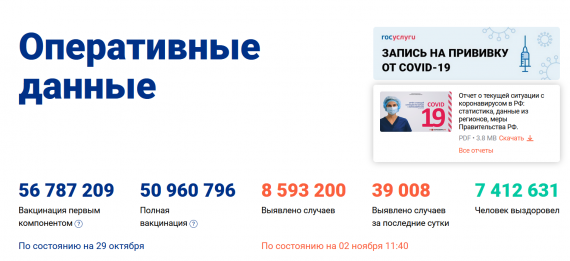 Число заболевших коронавирусом на 02 ноября 2021 года в России