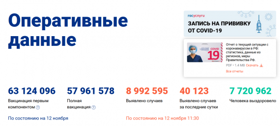 Число заболевших коронавирусом на 12 ноября 2021 года в России