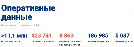 Число заболевших коронавирусом на 02 июня 2020 года в России