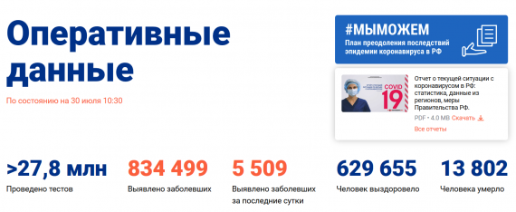Число заболевших коронавирусом на 30 июля 2020 года в России