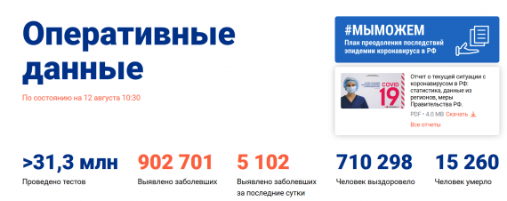 Число заболевших коронавирусом на 12 августа 2020 года в России
