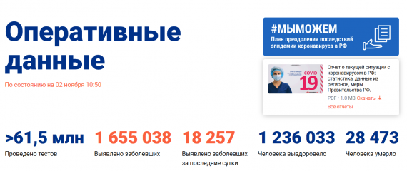 Число заболевших коронавирусом на 02 ноября 2020 года в России