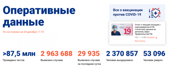 Число заболевших коронавирусом на 24 декабря 2020 года в России