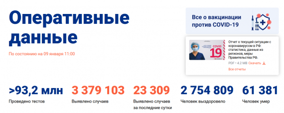 Число заболевших коронавирусом на 09 января 2021 года в России