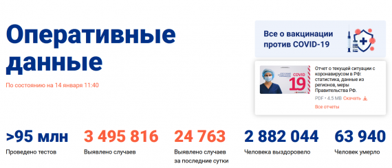 Число заболевших коронавирусом на 14 января 2021 года в России