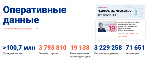 Число заболевших коронавирусом на 28 января 2021 года в России