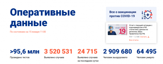 Число заболевших коронавирусом на 15 января 2021 года в России
