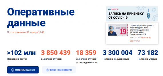 Число заболевших коронавирусом на 31 января 2021 года в России