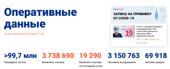 Число заболевших коронавирусом на 25 января 2021 года в России