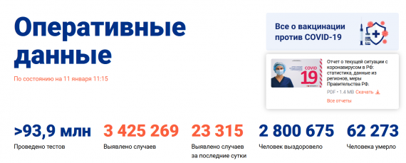 Число заболевших коронавирусом на 11 января 2021 года в России