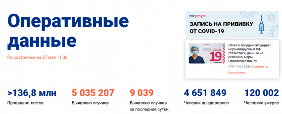 Число заболевших коронавирусом на 27 мая 2021 года в России