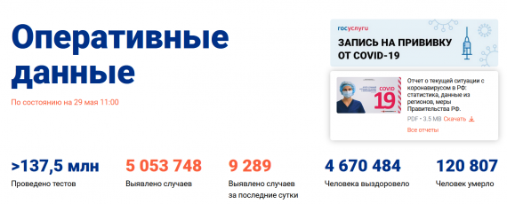 Число заболевших коронавирусом на 29 мая 2021 года в России