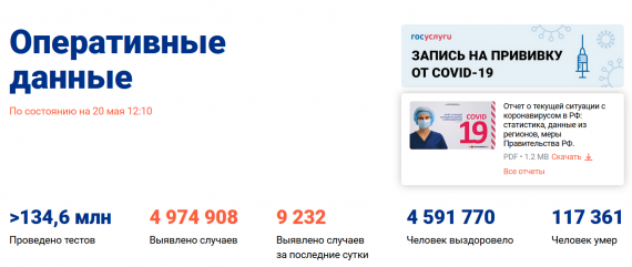 Число заболевших коронавирусом на 20 мая 2021 года в России