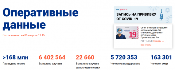 Число заболевших коронавирусом на 06 августа 2021 года в России