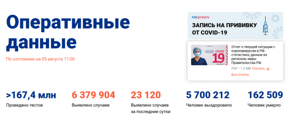 Число заболевших коронавирусом на 05 августа 2021 года в России