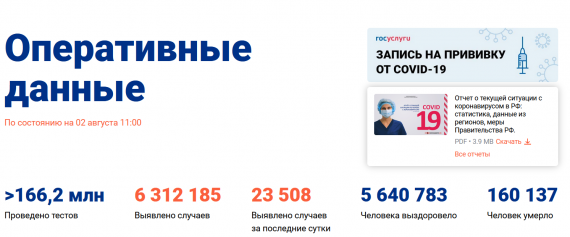 Число заболевших коронавирусом на 02 августа 2021 года в России