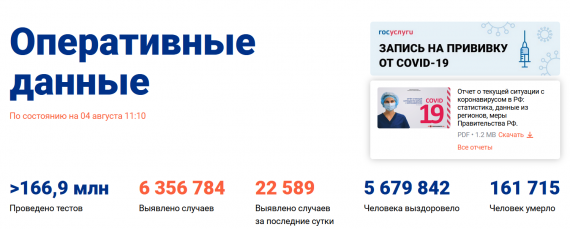 Число заболевших коронавирусом на 04 августа 2021 года в России